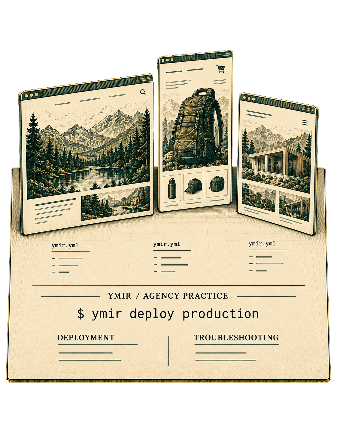 Three different client applications and their individual configurations above one shared Ymir deployment and troubleshooting process.