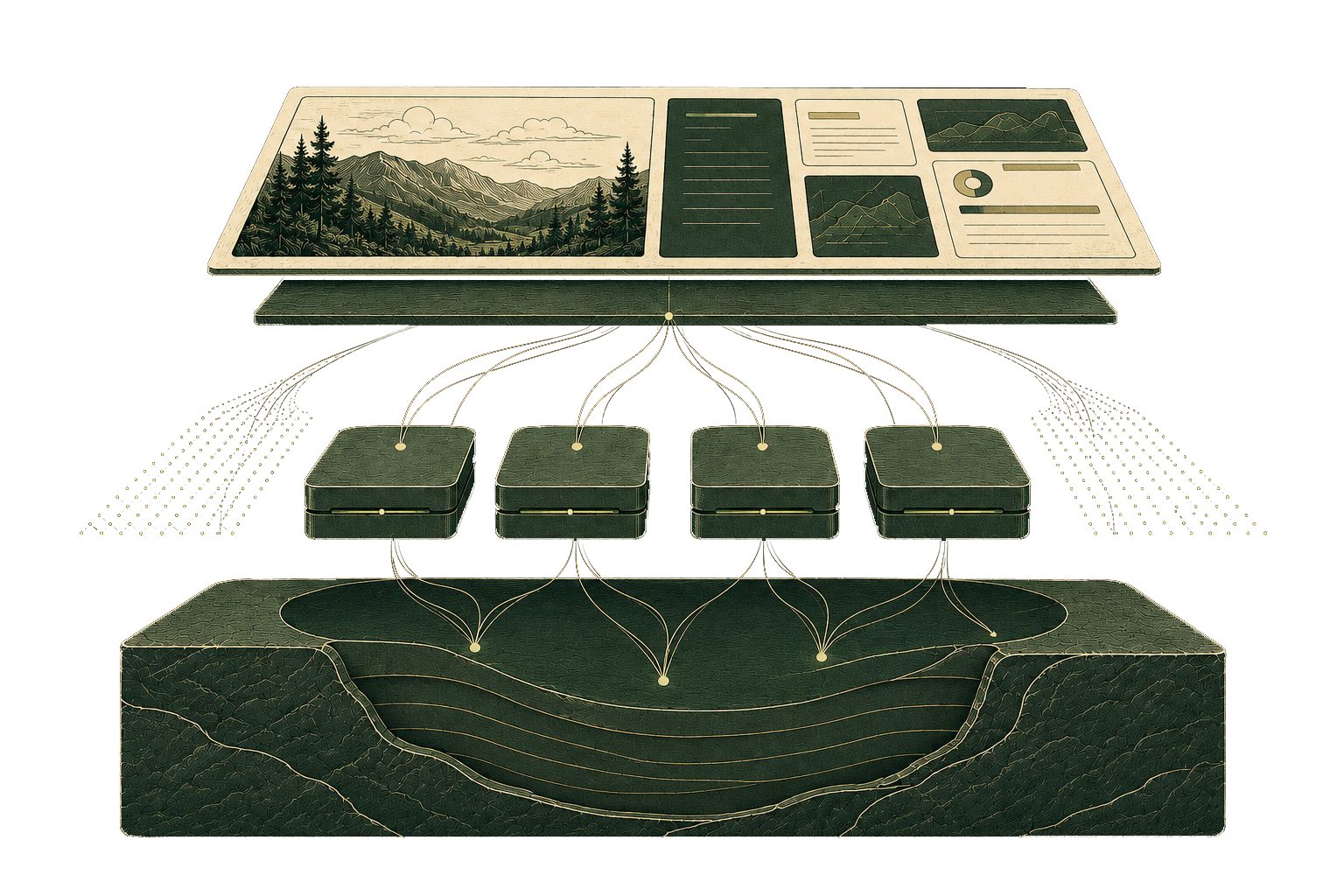 A website above a thin Ymir operating layer and a deep architectural cutaway of its serverless infrastructure.